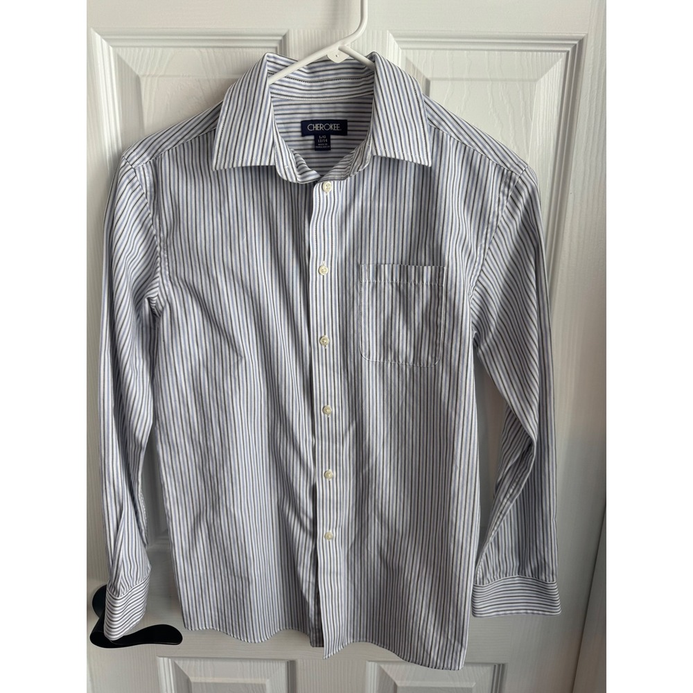 Cherokee Boys‎ Button Front Dress Shirt Blue White Striped L/G 12/14